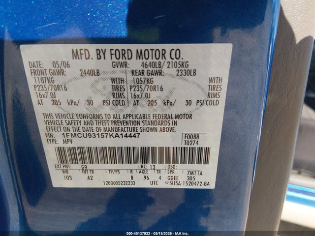 Продажа на аукционе авто 2007 Ford Escape Xlt/xlt Sport, vin: 1FMCU93157KA14447, номер лота: 45137932