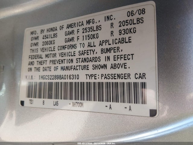 Продаж на аукціоні авто 2008 Honda Accord 3.5 Ex-l, vin: 1HGCS22898A016310, номер лоту: 45137934