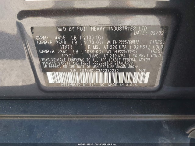 Продаж на аукціоні авто 2010 Subaru Outback 3.6r Limited, vin: 4S4BRDLC3A2330230, номер лоту: 45137937