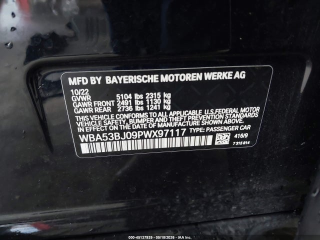 Aukcja sprzedaży 2023 Bmw 540 I, vin: WBA53BJ09PWX97117, numer aukcji: 45137939