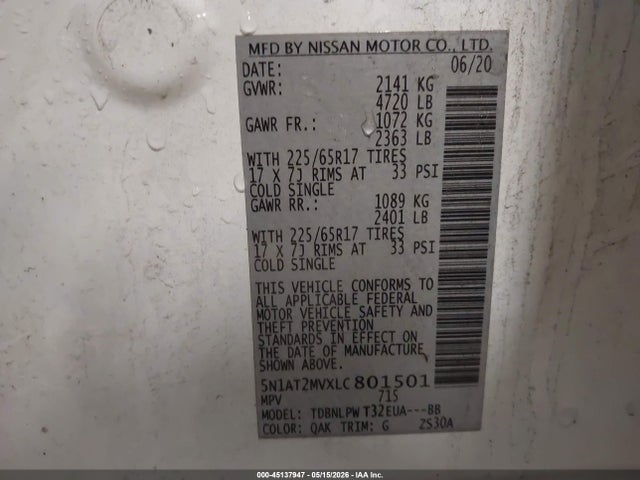 Продаж на аукціоні авто 2020 Nissan Rogue S/sl/sv, vin: 5N1AT2MVXLC801501, номер лоту: 45137947
