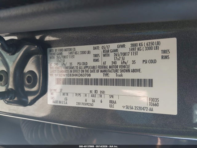 Aukcja sprzedaży 2017 Ford F-150 Xl, vin: 1FTEW1E83HKD63708, numer aukcji: 45137959