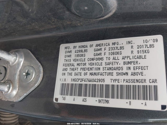 45137964 :رقم المزاد ، 1HGCP2F47AA042905 vin ، 2010 Honda Accord 2.4 Lx-p مزاد بيع