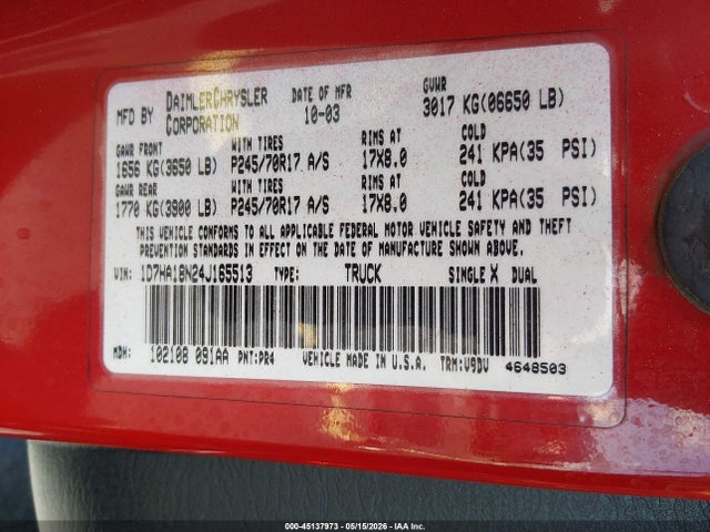 Auction sale of the 2004 Dodge Ram 1500 Slt/laramie, vin: 1D7HA18N24J165513, lot number: 45137973