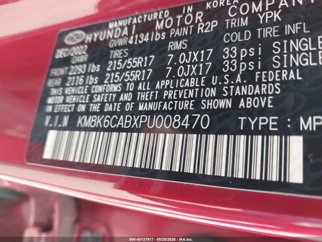 2023 Hyundai Kona Sel მანქანა იყიდება აუქციონზე, vin: KM8K6CABXPU008470, აუქციონის ნომერი: 45137977