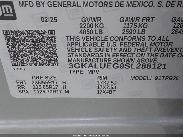 45137980 :رقم المزاد ، 3GKALUEG9SL288121 vin ، 2025 Gmc Terrain Awd Elevation مزاد بيع