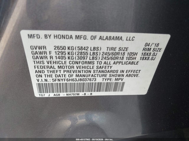 Honda Pilot Ex-l 2018 5FNYF6H63JB037673 Image 9