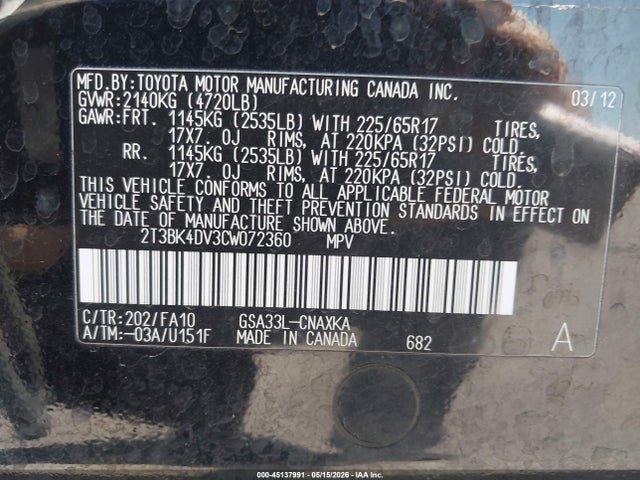 Aukcja sprzedaży 2012 Toyota Rav4 Base V6, vin: 2T3BK4DV3CW072360, numer aukcji: 45137991