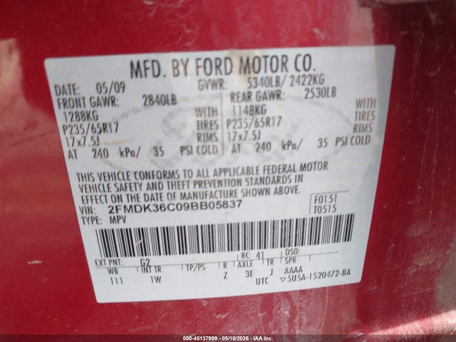 45137999 :رقم المزاد ، 2FMDK36C09BB05837 vin ، 2009 Ford Edge Se مزاد بيع