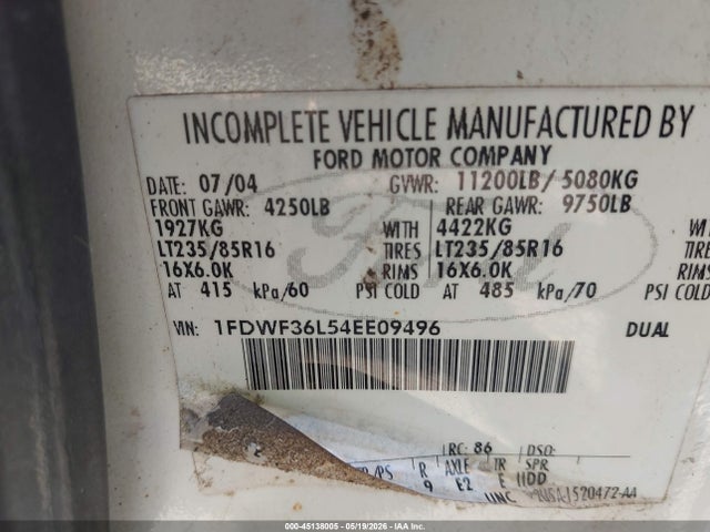 45138005 :رقم المزاد ، 1FDWF36L54EE09496 vin ، 2004 Ford F-350 Xl/xlt مزاد بيع