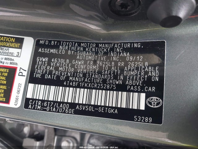 45138006 :رقم المزاد ، 4T4BF1FKXCR252875 vin ، 2012 Toyota Camry Se/le/xle مزاد بيع