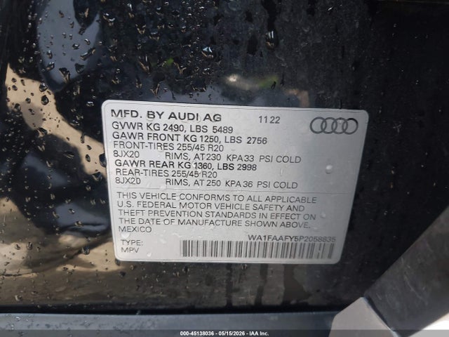 45138036 :رقم المزاد ، WA1FAAFY5P2058835 vin ، 2023 Audi Q5 Prestige 45 Tfsi S Line Quattro S Tronic مزاد بيع
