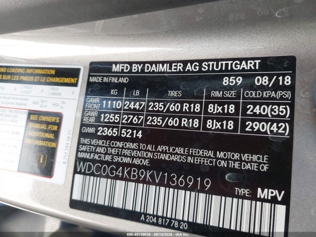 Aukcja sprzedaży 2019 Mercedes-benz Glc 300 4matic, vin: WDC0G4KB9KV136919, numer aukcji: 45138038