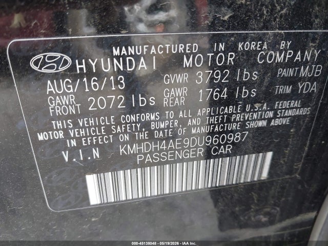 45138048 :رقم المزاد ، KMHDH4AE9DU960987 vin ، 2013 Hyundai Elantra Gls مزاد بيع