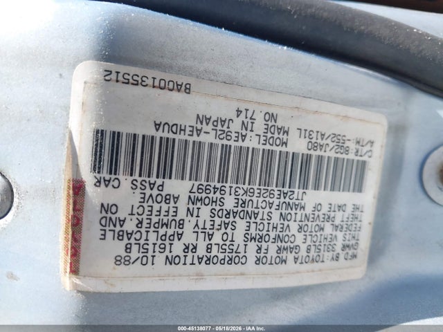 Aukcja sprzedaży 1989 Toyota Corolla Dlx, vin: JT2AE92E6K3194997, numer aukcji: 45138077