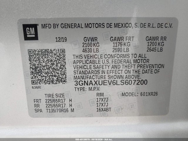 Aukcja sprzedaży 2020 Chevrolet Equinox Awd Lt 1.5l Turbo, vin: 3GNAXUEV6LS607200, numer aukcji: 45138079