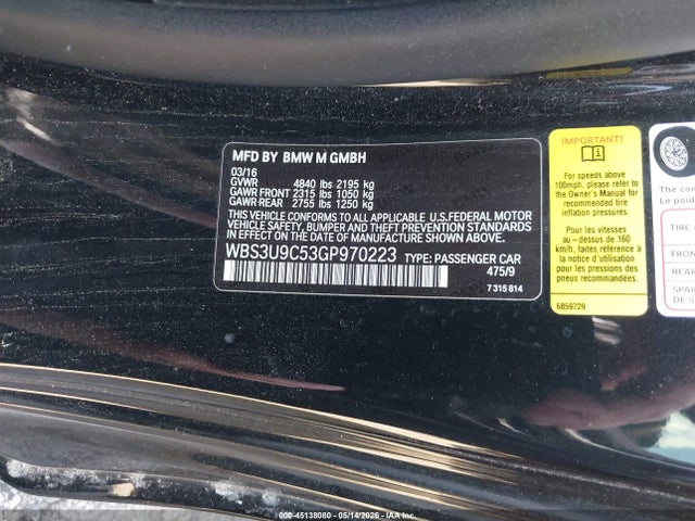 Продажа на аукционе авто 2016 Bmw M4, vin: WBS3U9C53GP970223, номер лота: 45138080