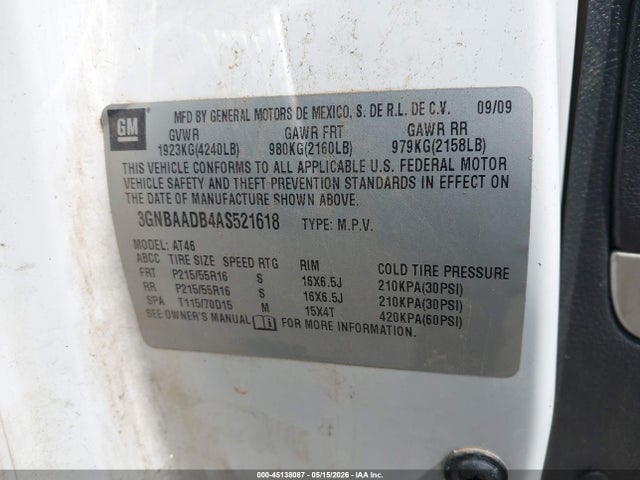 Продаж на аукціоні авто 2010 Chevrolet Hhr Ls, vin: 3GNBAADB4AS521618, номер лоту: 45138087