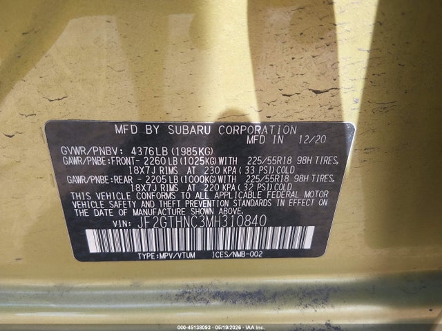 Продажа на аукционе авто 2021 Subaru Crosstrek Limited, vin: JF2GTHNC3MH310840, номер лота: 45138093