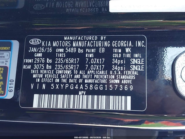 2016 Kia Sorento 3.3l Lx მანქანა იყიდება აუქციონზე, vin: 5XYPG4A58GG157369, აუქციონის ნომერი: 45138095