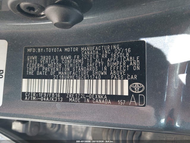 Aukcja sprzedaży 2016 Toyota Corolla Le, vin: 2T1BURHE1GC611740, numer aukcji: 45138096