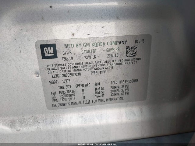 Aukcja sprzedaży 2016 Chevrolet Trax Lt, vin: KL7CJLSB6GB673218, numer aukcji: 45138104