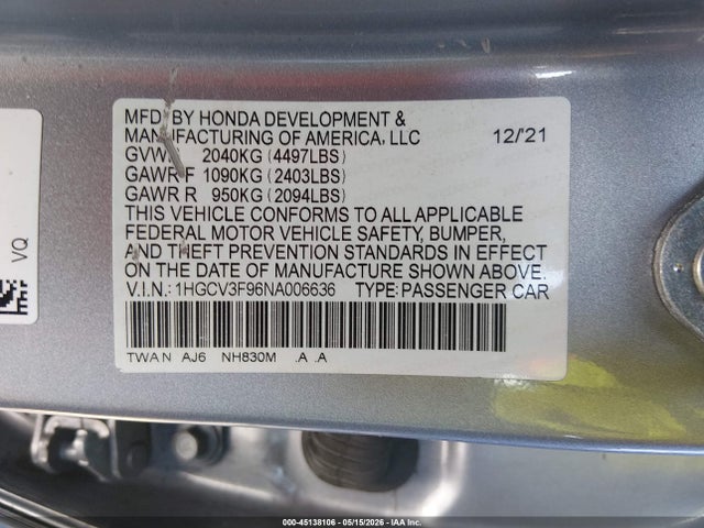 Aukcja sprzedaży 2022 Honda Accord Hybrid Touring, vin: 1HGCV3F96NA006636, numer aukcji: 45138106