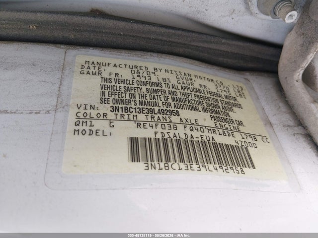 Продаж на аукціоні авто 2009 Nissan Versa 1.8s, vin: 3N1BC13E39L492958, номер лоту: 45138119