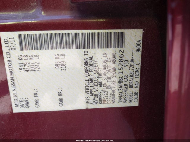 45138120 :رقم المزاد ، 1N4AL2AP8BC152862 vin ، 2011 Nissan Altima 2.5 S مزاد بيع