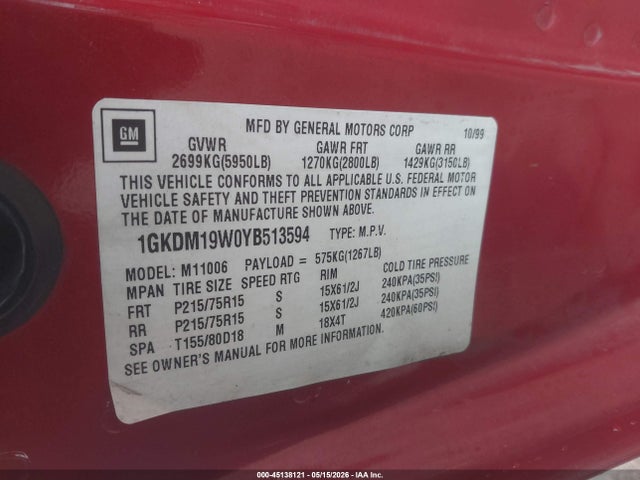 45138121 :رقم المزاد ، 1GKDM19W0YB513594 vin ، 2000 Gmc Safari Sl مزاد بيع