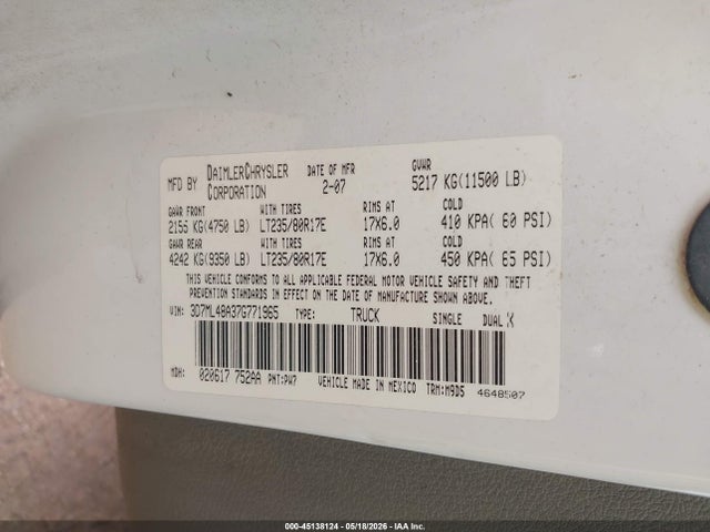 Продаж на аукціоні авто 2007 Dodge Ram 3500 Slt/sport, vin: 3D7ML48A37G771965, номер лоту: 45138124
