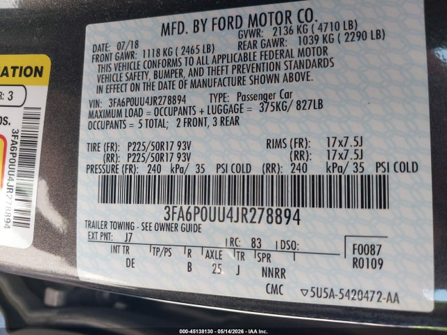Aukcja sprzedaży 2018 Ford Fusion Hybrid S, vin: 3FA6P0UU4JR278894, numer aukcji: 45138130