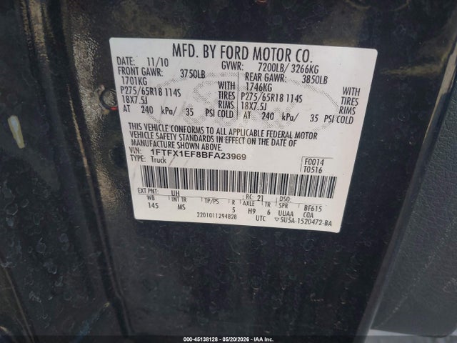 45138128 :رقم المزاد ، 1FTFX1EF8BFA23969 vin ، 2011 Ford F-150 Xlt مزاد بيع