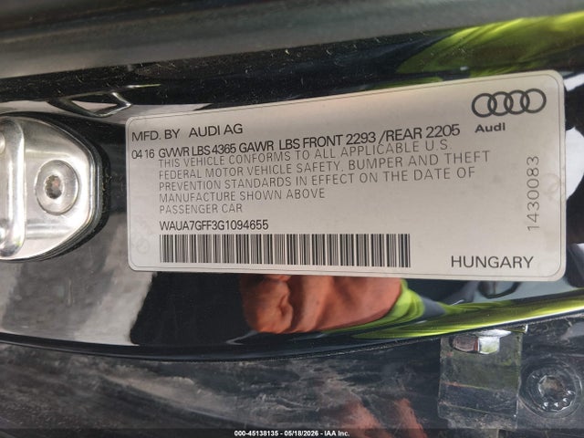 45138135 :رقم المزاد ، WAUA7GFF3G1094655 vin ، 2016 Audi A3 1.8t Premium مزاد بيع
