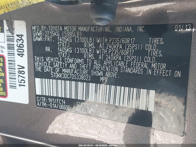 45138141 :رقم المزاد ، 5TDKK3DC7DS338023 vin ، 2013 Toyota Sienna Le V6 8 Passenger مزاد بيع