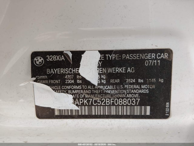 2011 Bmw 328i Xdrive მანქანა იყიდება აუქციონზე, vin: WBAPK7C52BF088037, აუქციონის ნომერი: 45138152