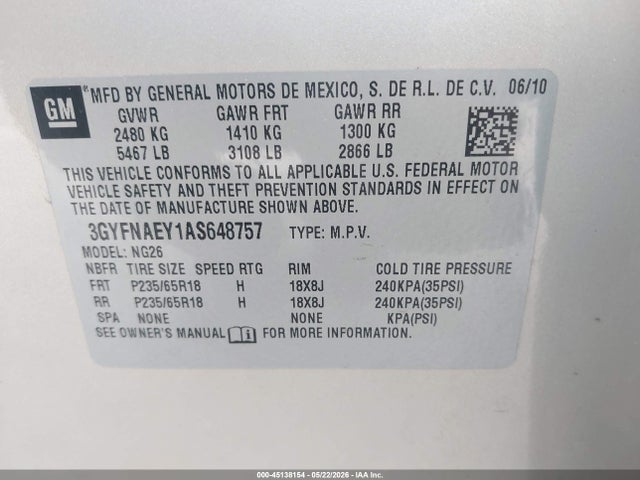 Aukcja sprzedaży 2010 Cadillac Srx Luxury Collection, vin: 3GYFNAEY1AS648757, numer aukcji: 45138154
