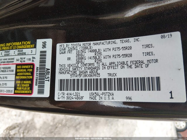 5TFAY5F18KX869935 Toyota Tundra 1794 5.7l V8