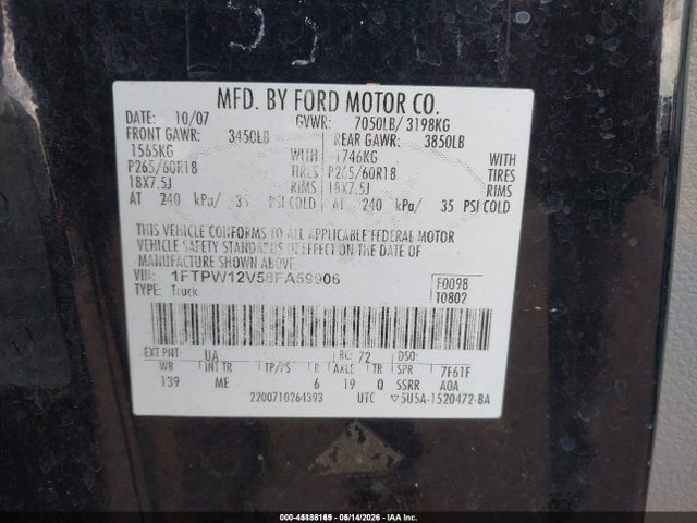 Продаж на аукціоні авто 2008 Ford F-150 60th Anniversary/fx2/king Ranch/lariat/xlt, vin: 1FTPW12V58FA59906, номер лоту: 45138169