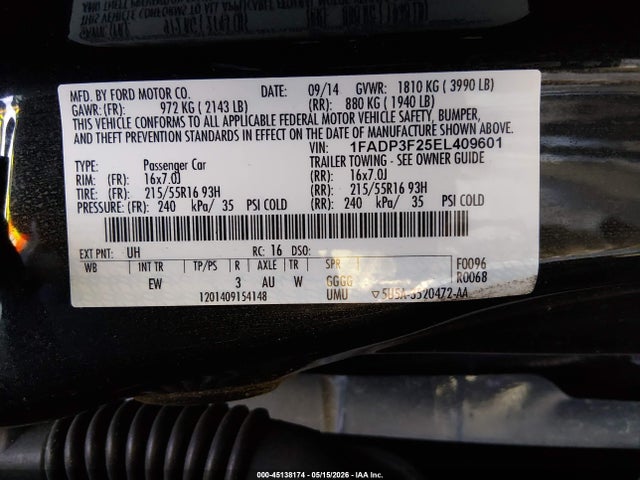 45138174 :رقم المزاد ، 1FADP3F25EL409601 vin ، 2014 Ford Focus Se مزاد بيع