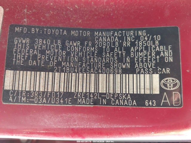 Aukcja sprzedaży 2010 Toyota Corolla S, vin: 2T1BU4EE5AC400698, numer aukcji: 45138178