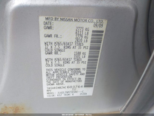 Продажа на аукционе авто 2010 Nissan Pathfinder Se, vin: 5N1AR1NB2AC603764, номер лота: 45138180