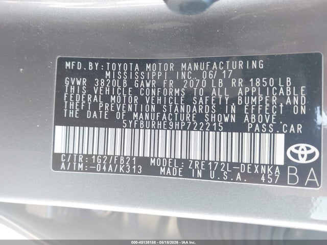Aukcja sprzedaży 2017 Toyota Corolla Le, vin: 5YFBURHE9HP722215, numer aukcji: 45138188