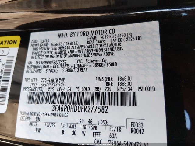 45138198 :رقم المزاد ، 3FA6P0HD0FR277582 vin ، 2015 Ford Fusion Se مزاد بيع