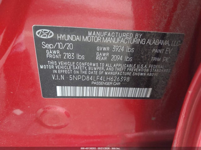 Продаж на аукціоні авто 2020 Hyundai Elantra Sel, vin: 5NPD84LF4LH626398, номер лоту: 45138203