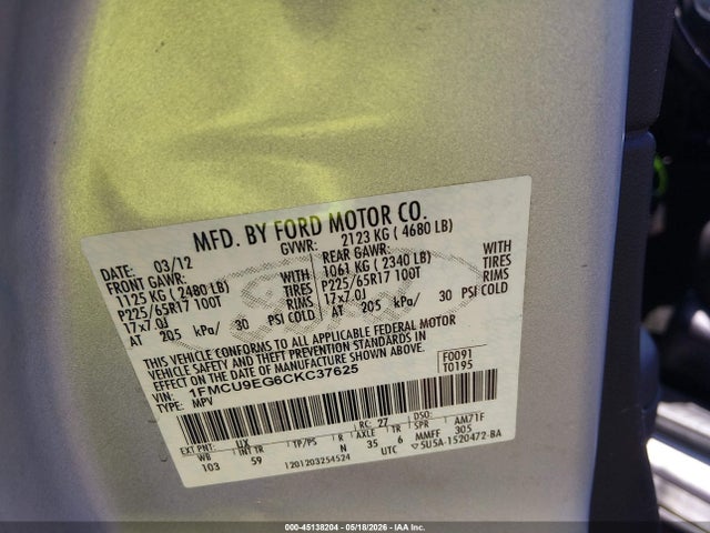 45138204 :رقم المزاد ، 1FMCU9EG6CKC37625 vin ، 2012 Ford Escape Limited مزاد بيع
