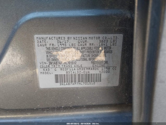 45138212 :رقم المزاد ، 3N1AB7AP7HL701512 vin ، 2017 Nissan Sentra Sv مزاد بيع