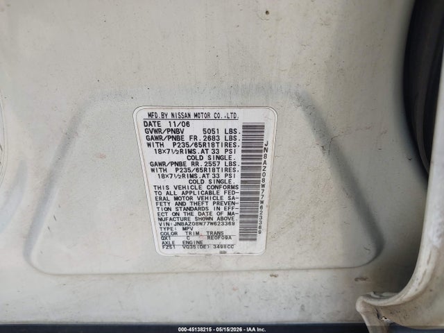 Aukcja sprzedaży 2007 Nissan Murano S, vin: JN8AZ08W77W623369, numer aukcji: 45138215