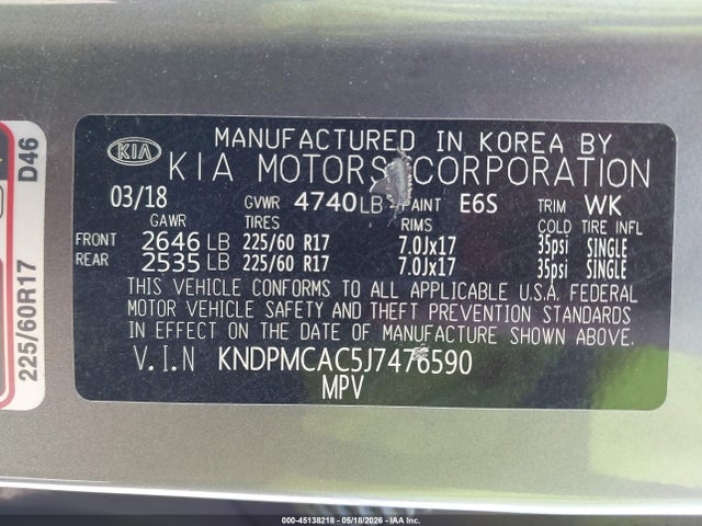 Продажа на аукционе авто 2018 Kia Sportage Lx, vin: KNDPMCAC5J7476590, номер лота: 45138218