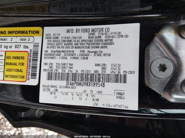 Продаж на аукціоні авто 2019 Ford Fusion Hybrid Sel, vin: 3FA6P0MU9KR189548, номер лоту: 45138224